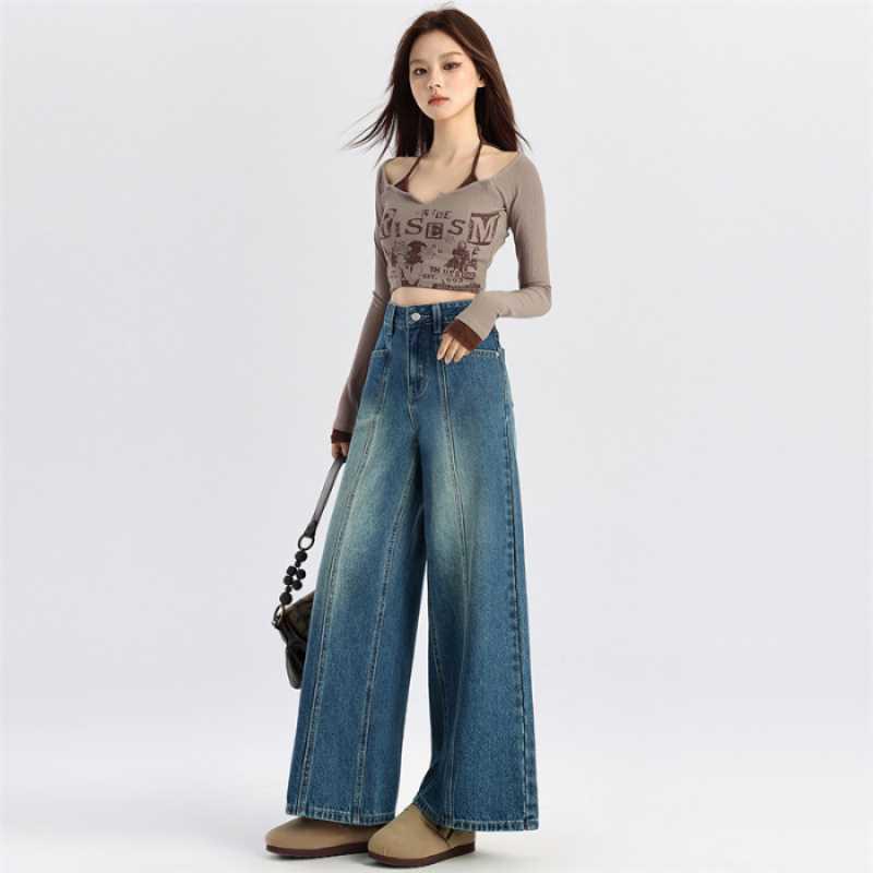 American Retro Blue High-Waist Slimming Wide-Leg Cropped Pants for Women - Spring Style XS
