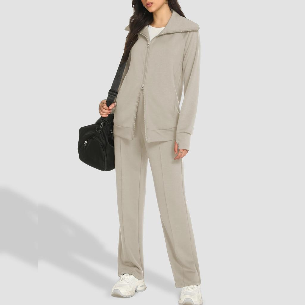 Women's Fashion V-neck Solid Color Long Sleeved Double Zipper Lapel Jacket Wide Leg Pants Sweatshirt Long Pants Set