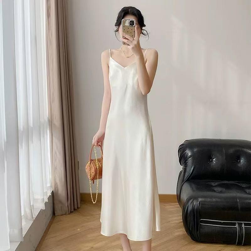 High-end long suspender skirt satin spring and summer new Chinese light luxury inner suspender dress versatile long dress XL-90-110 белый