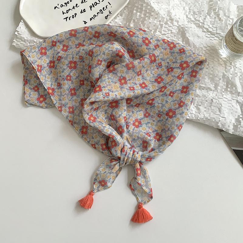 Women's silk scarf square scarf high-end neck protection scarf small fresh decorative floral headscarf hair band fringed hair accessories
