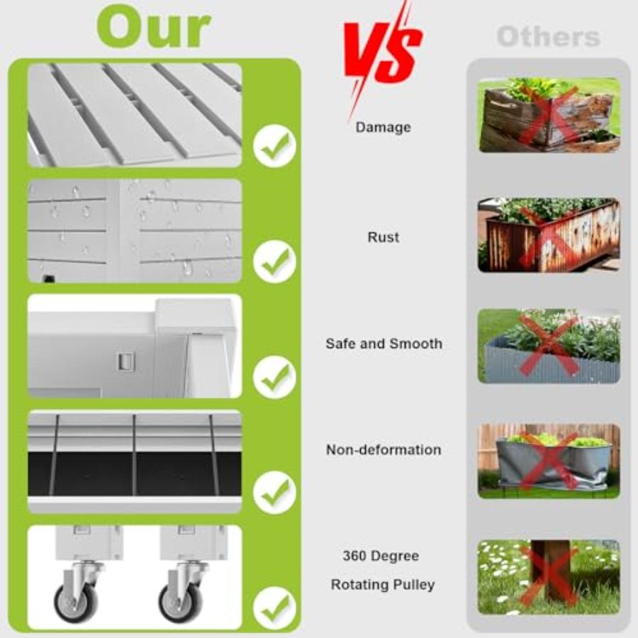 Elevated Raised Garden Bed with Wheels Outdoor Large Resin Patio Planter Box Stand Divisible with Drain Plug Ashen for Plants V