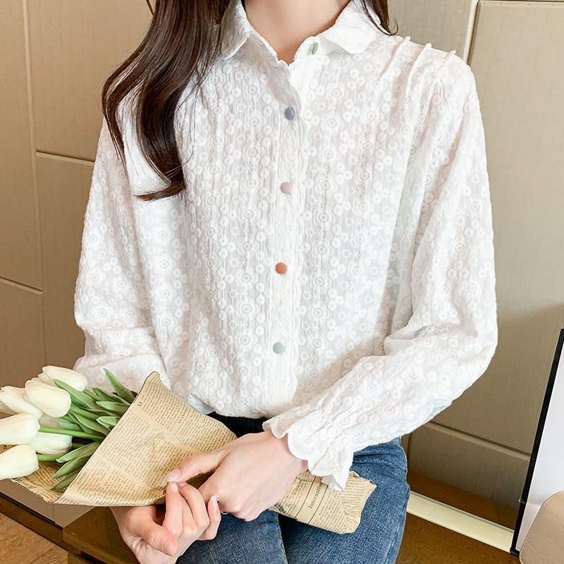 Embroidered White Cotton Lapel Shirt, Women's Long Sleeve Spring 2025 - Sweet, Stylish Design