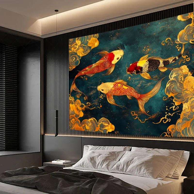VIKAMA Lucky Koi Fish Tapestry Traditional Japanese Art Koi and Golden Clouds Wall Hanging Background Cloth for Home