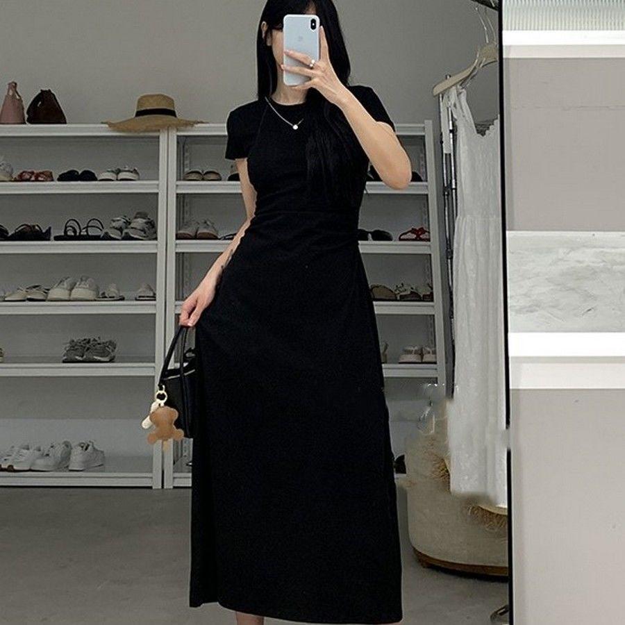 

Women s Light Summer Pleated Dress: French Style, Round Neck, Slimming Waist, Short Sleeve, Over-the-Knee Length S