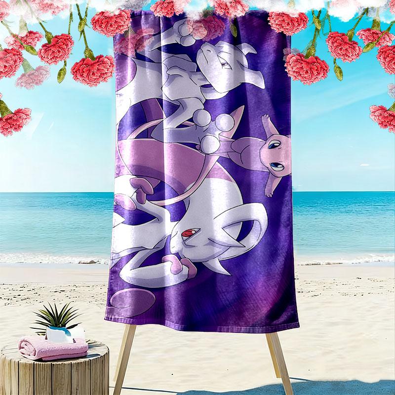 Mew Cartoon Print Beach Towel, Large Soft Quick Dry Towel for Beach Camping Swimming