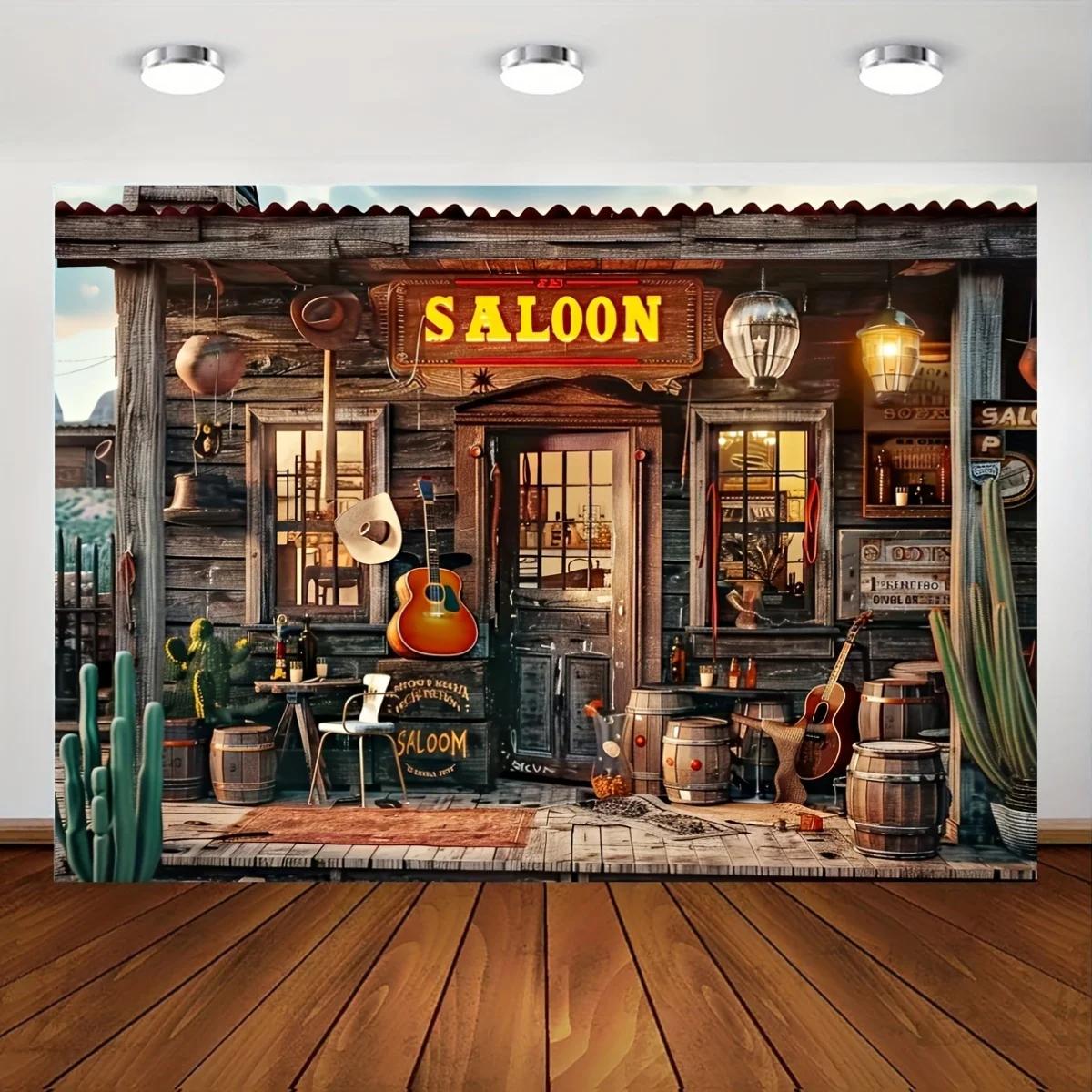 1 piece, 2D flat, Western bar-themed photography backdrop - multi-functional retro cowboy ranch-themed studio backdrop, wsj 180x110CM