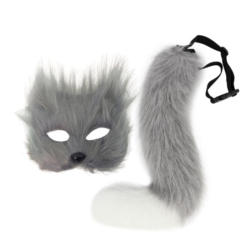 Foxes Costumes Cosplay Foxes Mask Cats Half Face Mask Foxes Tail Set Halloween Animal Fancy Costume Accessories Kit