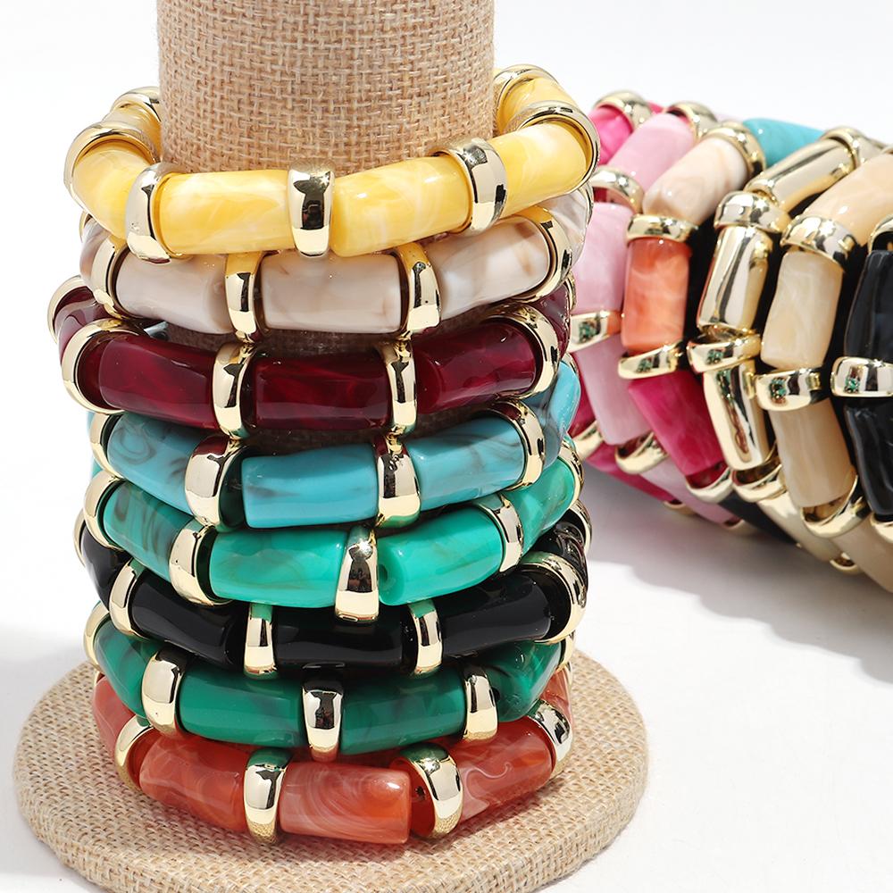 Vintage Acrylic Bamboo Beads Bracelets for Women Fashion Resin Chunky Tube Beaded Stretchy Stackable Bracelet New Jewelry Gift