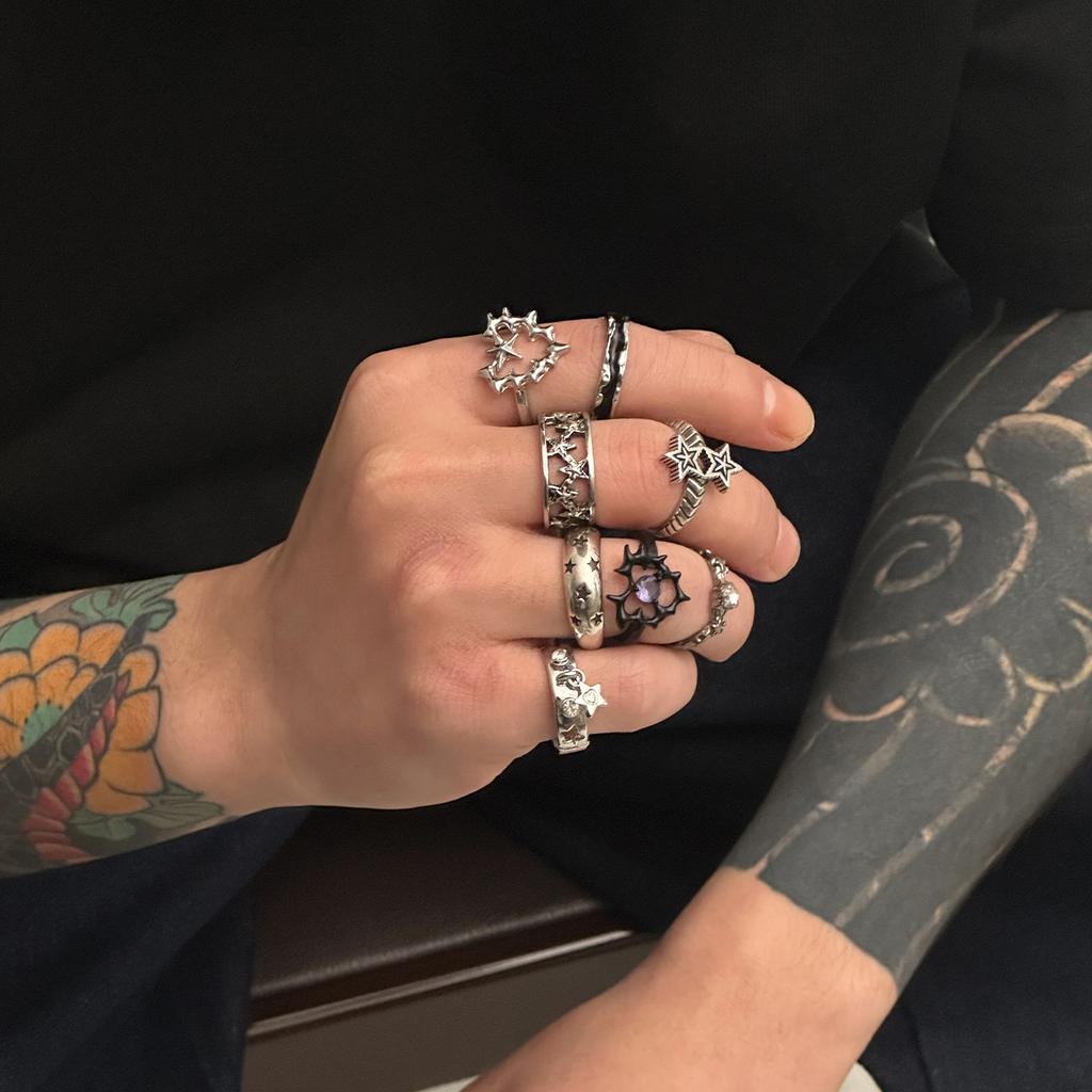 Ingemark 9Pcs/Set Goth Ancient Silver Color Open Rings for Men 2026 Trend Vintage Metal Star Hollow Bat Shape Rings Male Jewelry