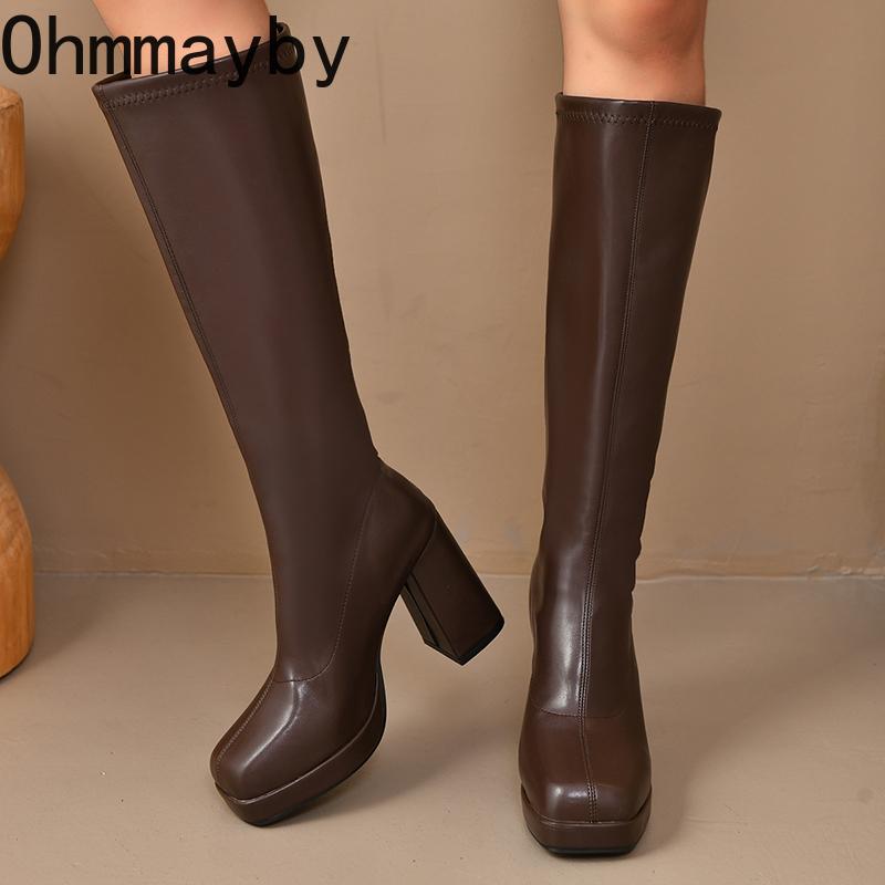 Platform Thick Heel Women Knee High Boots Fashion Slip On Shoes Autumn Winter Ladies Elegant Stretch Slim Long Booties