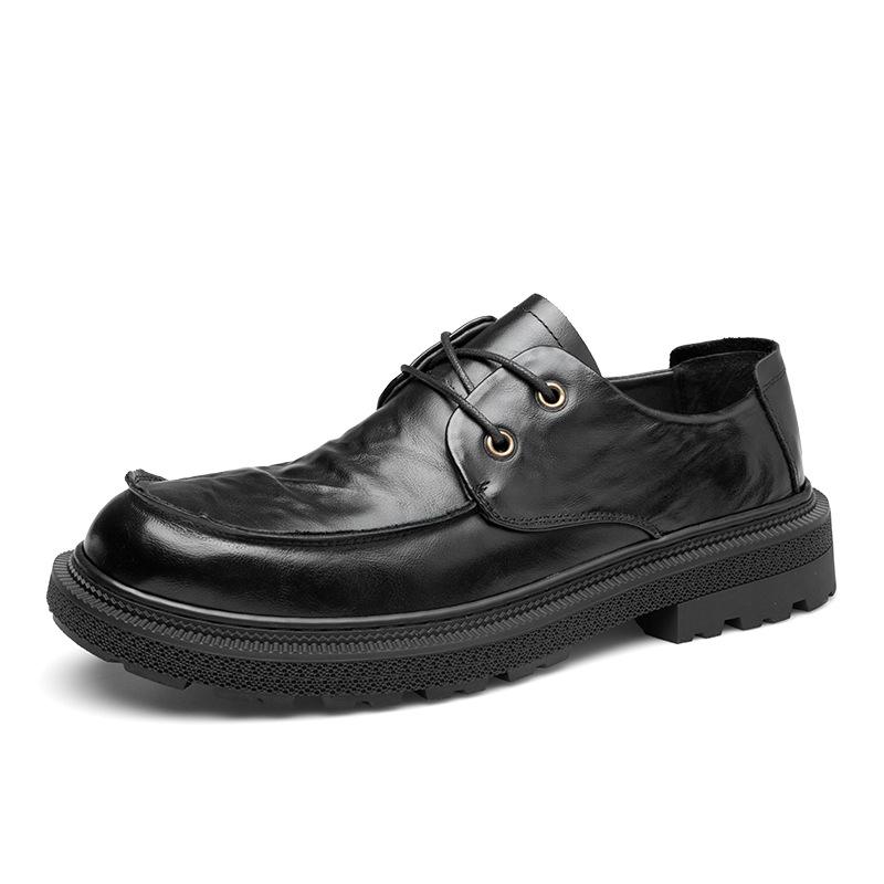 Autumn men's shoes leather round head breathable retro British style casual leather shoes business lace-up platform trend single shoes men