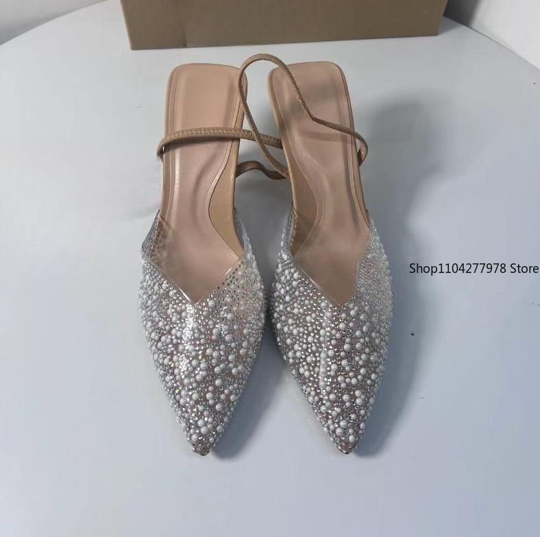Fashion 2025 Women's High Heeled Sandals Transparent Pointed Toe Elegant Ladies Fashion Shoes Pearl Decoration Slingback Sandal Size 42