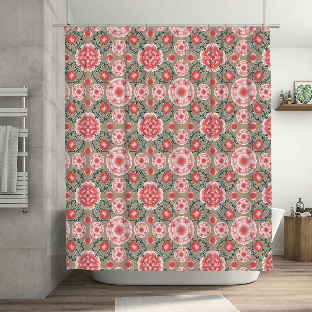 Handmade Floral Shower Curtain Decorative Bath Mat Set For Home Decoration Waterproof, Non-Slip Size Customizable (Tan)