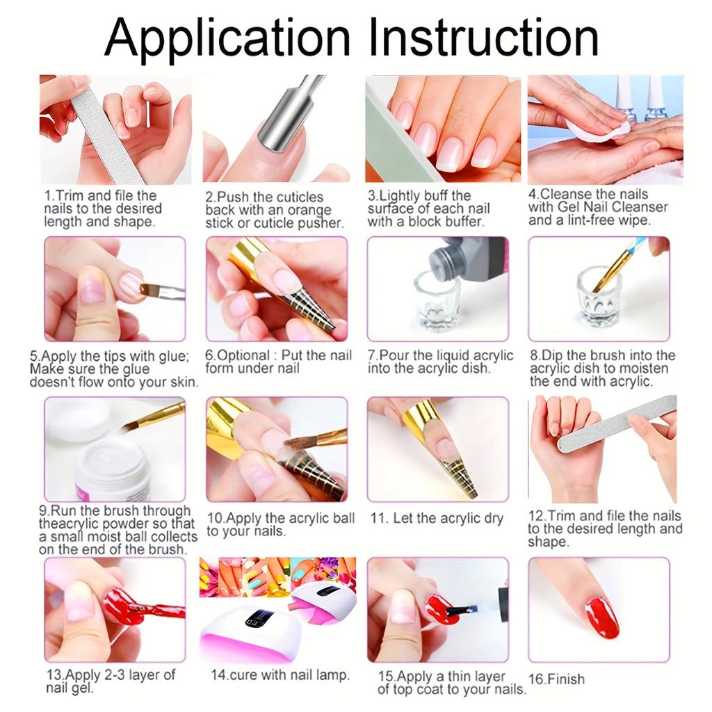Beginner DIY Acrylic Powder Nail Art Tool Kit, 12 Color Glitter, Straight Nail Clipper, Nail Tips, Pump Bottle, Extension Forms