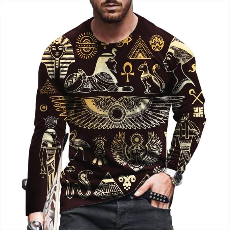 Altägyptische 3D-Druck Herbst Herren O-Ausschnitt T-Shirt Casual Langarm Übergroßer Pullover Mode Tops Streetwear Herren Kleidung