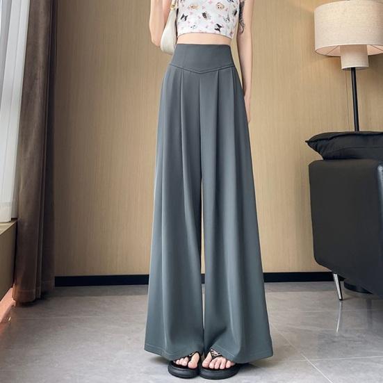 Women Pants Elastic High Waist Wide Leg Casual Trousers Pure Color
