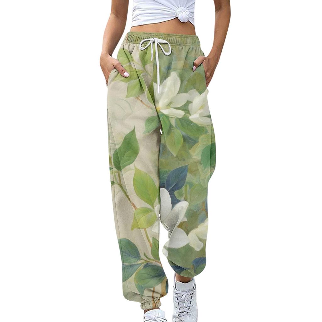 Women's Sports Pants With Pockets Fashion Floral Print Elastic Waist Pants Casual Sweatpants Pants