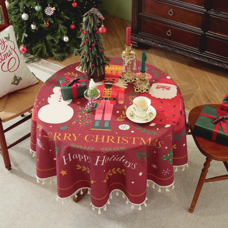 Christmas Round Tablecloth with Tassel Polyester Cotton Printed Table Cloth Red Green Decorative Table Cover for Home Decoration