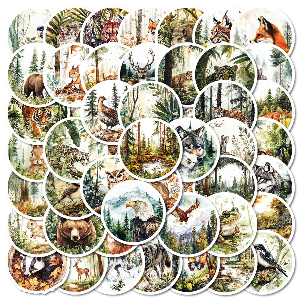50 Round Vintage Style Watercolor Animal Graffiti Stickers Tiger Fox Rabbit Non-Repeating Stickers
