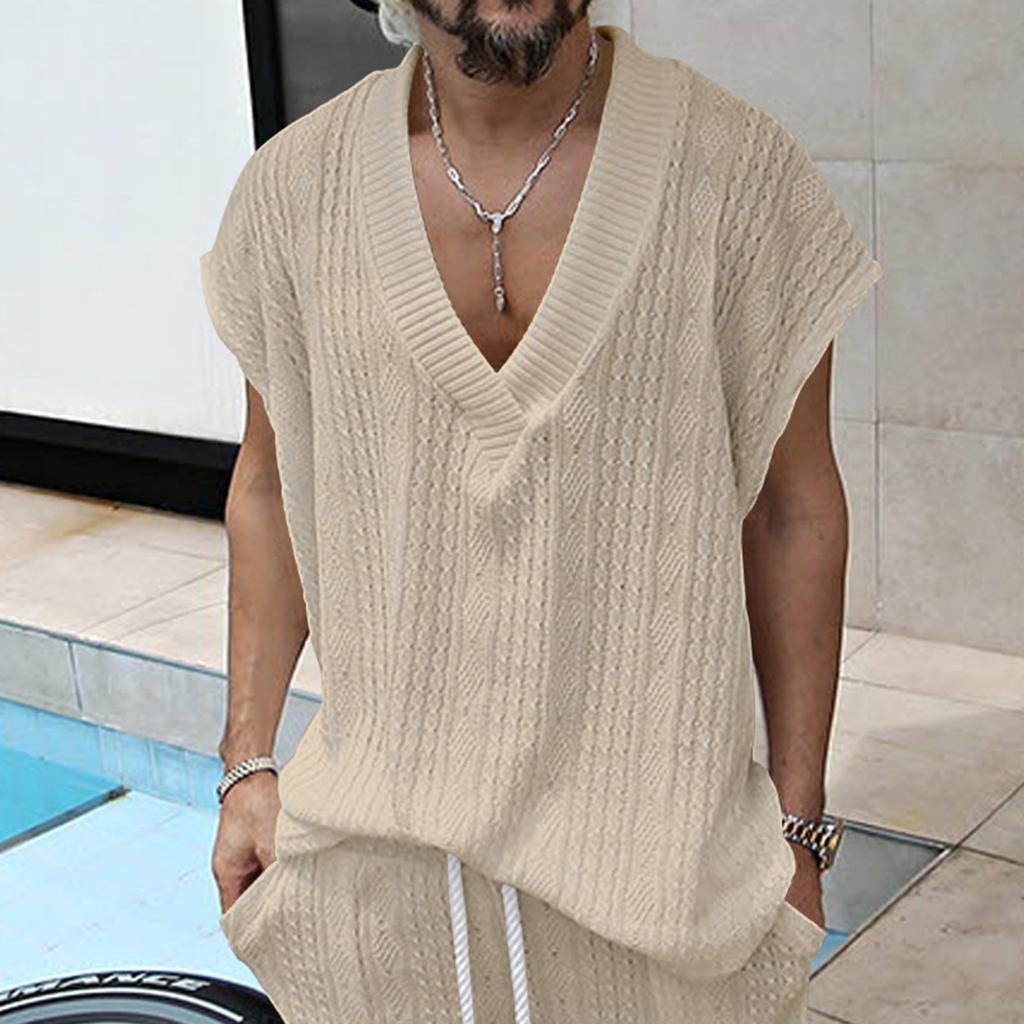Men's Loose Casual V-Neck Sleeveless Tops Men's Knitted Sleeveless Vest Tops