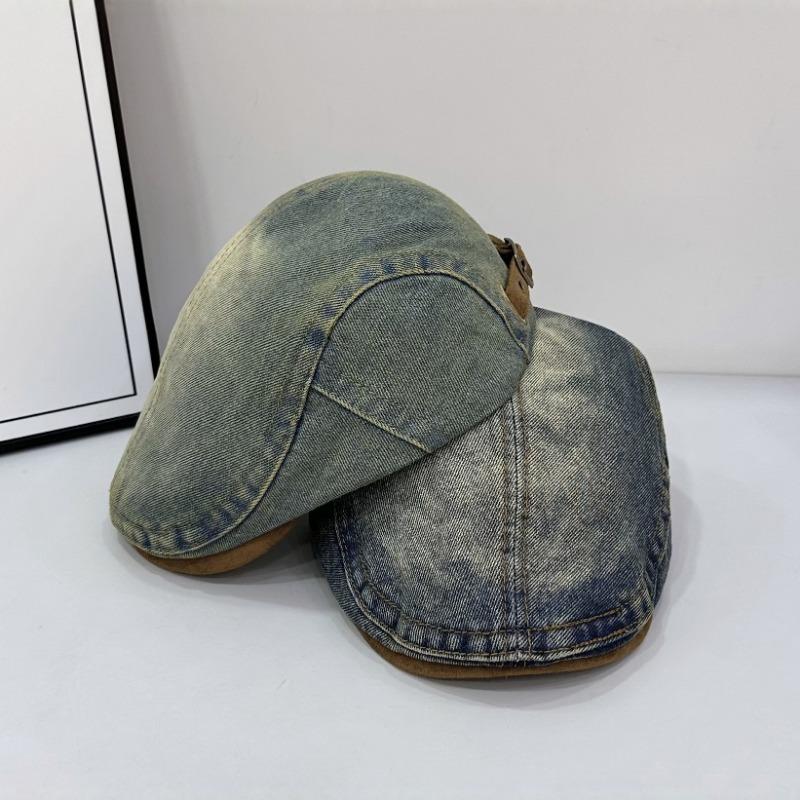Retro washed denim forward hat women's casual versatile big head circumference shows a small face, wearing a duck tongue beret