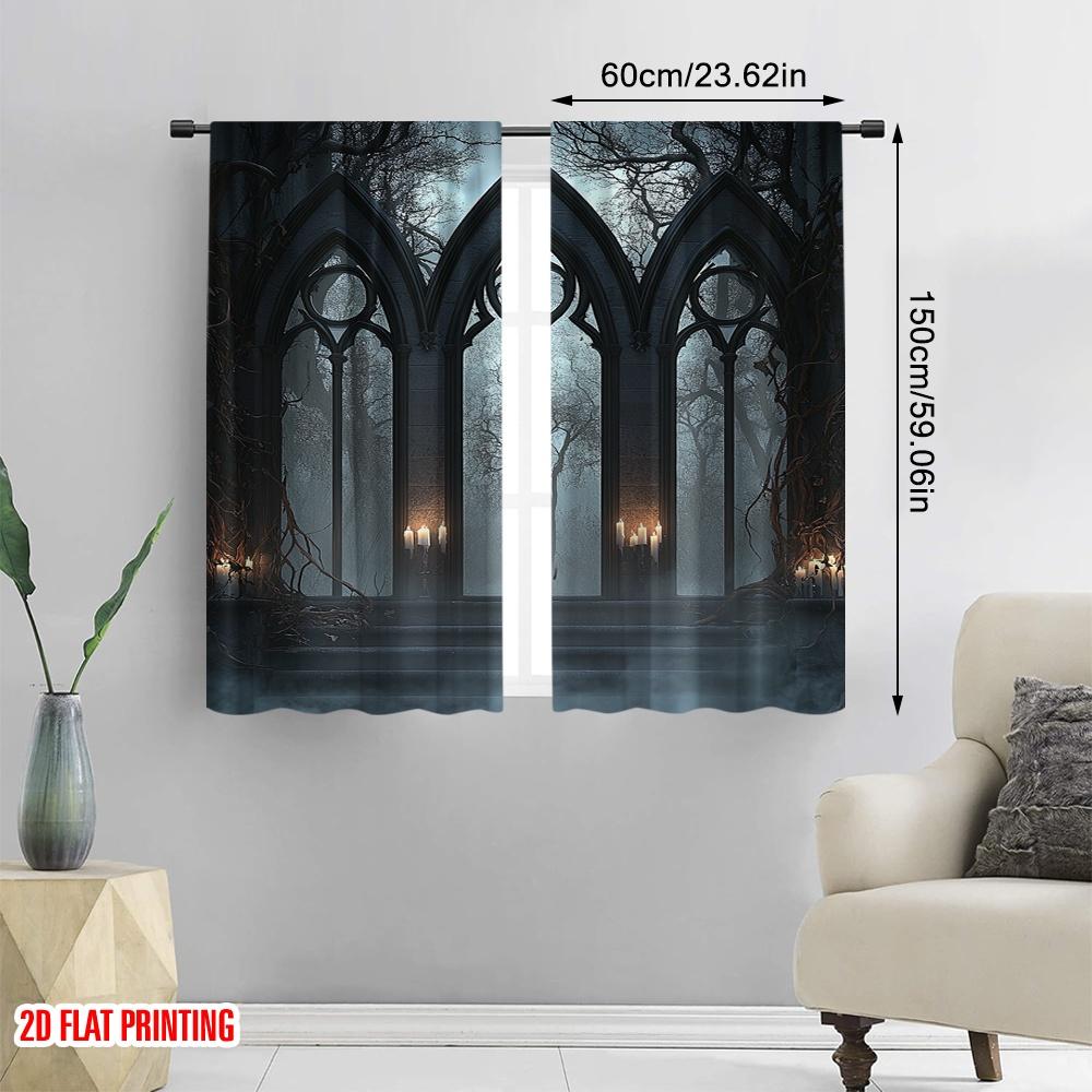 2Pcs 2D flat printingHorror House Curtain Halloween Historical Gate Gothic Curtain Candles View For Bedroom Living Room And