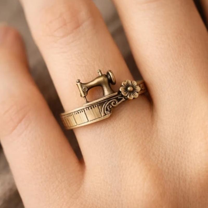 Artistic Sewing Machine Pattern Rings Sturdy Alloy Craftsmanship