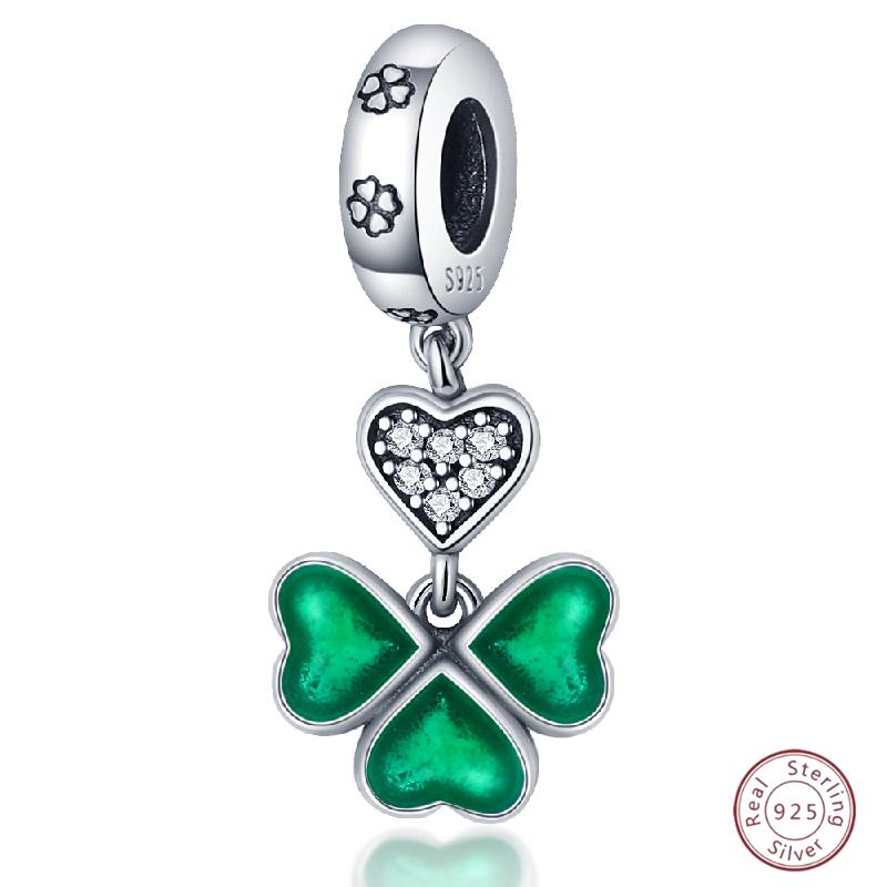 Copper Beaded Four Leaf Clover Lucky Shiny Zirconia For Original 3Mm Bracelet Women Fine Jewelry