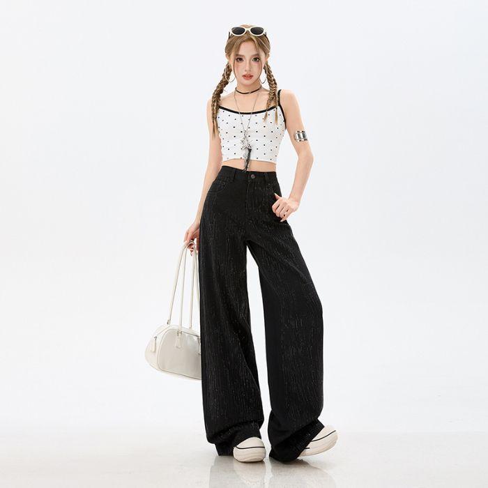 Early Spring Premium Meteor Bling Rhinestone Black High Waist Stack Wide Leg Long Denim Pants For Women Casual Pants Oversize Denim Trousers
