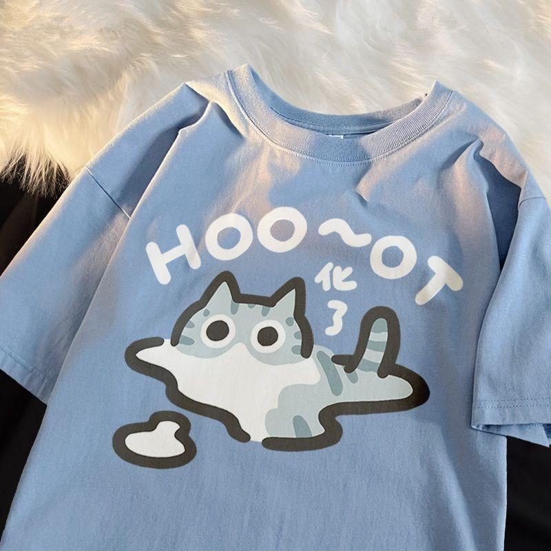 

Ретро-стиль Чувство дизайна Милая футболка с принтом «Тающий кот» с круглым вырезом для мужчин и женщин Летняя модная тенденция Удобный топ с короткими рукавами для пар Harajuku