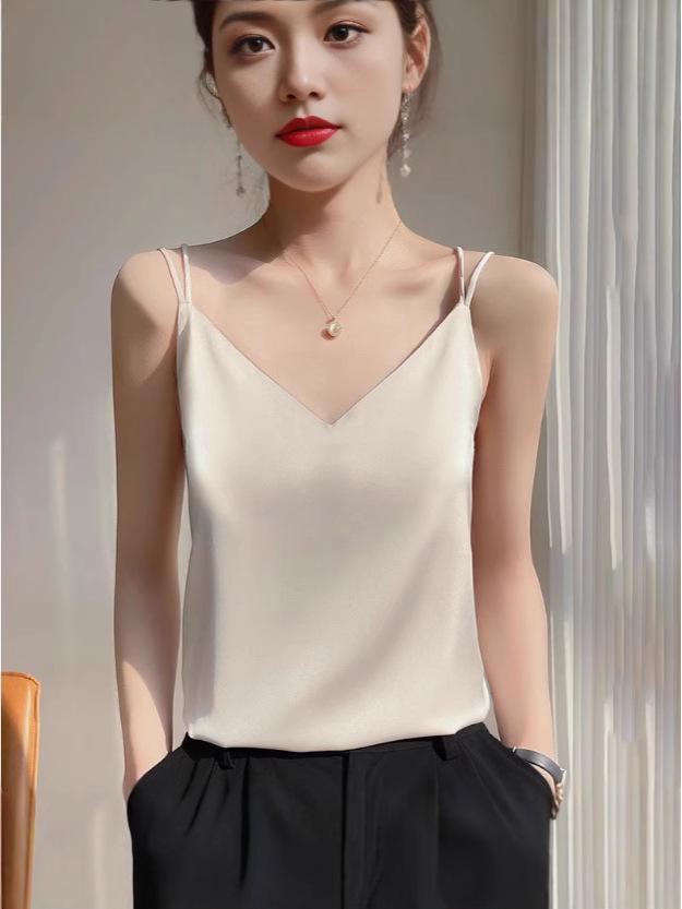 2025 Women's White Satin Camisole Tank Top: Elegant Back Design, Imitation Silk Summer Innerwear