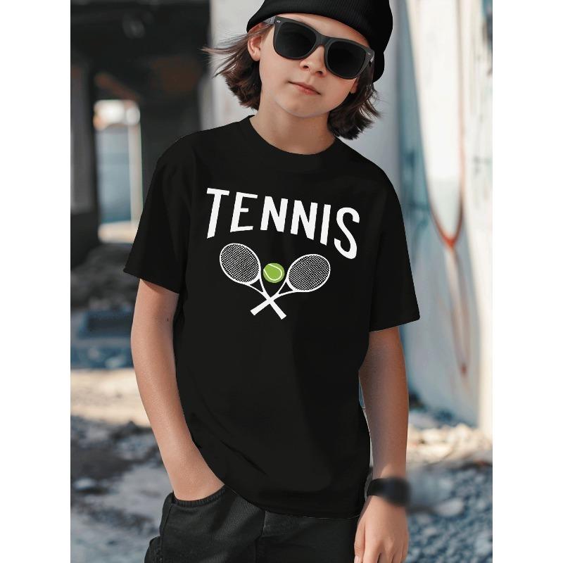 Boys Tennis Racket Green Ball Text Graphic Casual Sports T-Shirt
