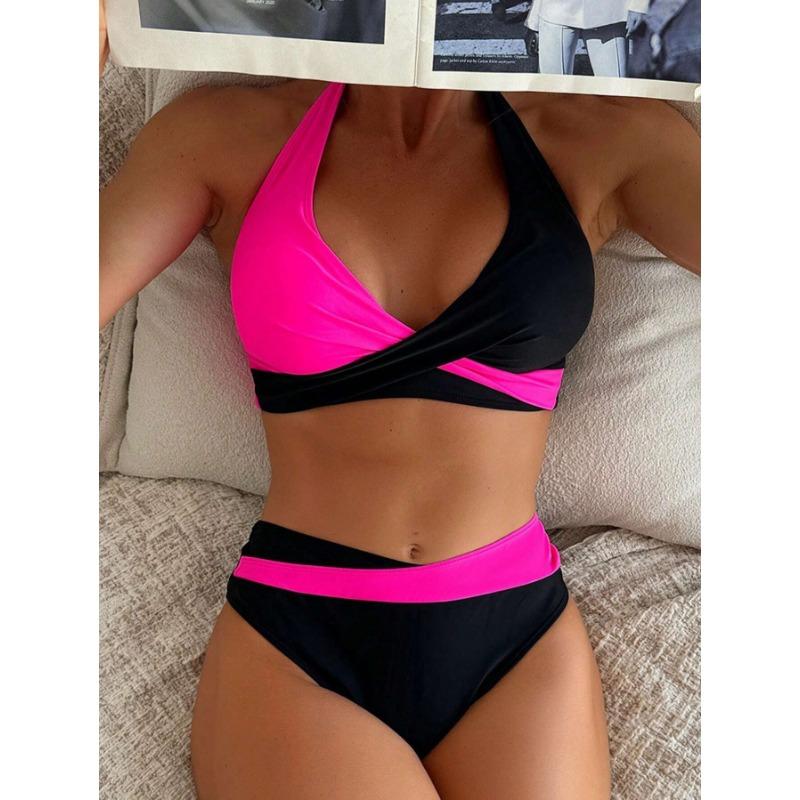 Women's Neon Pink Black Color Block Twist Front Bikini Set High Waist Two Piece Swimsuit