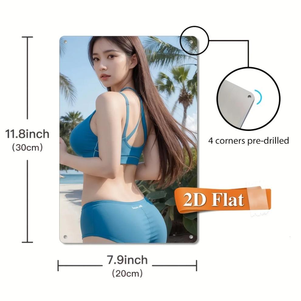 Hisun Blechschild HD Metallblechschild Atemberaubendes Asiatisches Mädchen im Blauen Sportlichen Bikini Retro Metallschild Wandkunst für Poolbereich Dekor x Zoll
