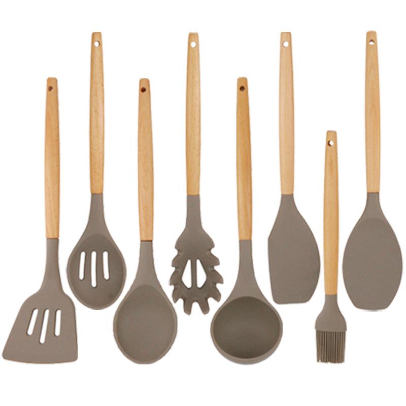Silicone Wooden Handle Kitchenware Non-stick Cookware Kitchenware Set  Spoon Spatula Cooking Spatula Spoon Tool Utensils