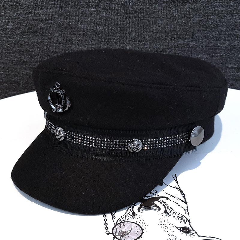 Winter hat new female tide Internet celebrity navy hat autumn and winter woolen rivet beret flat hat