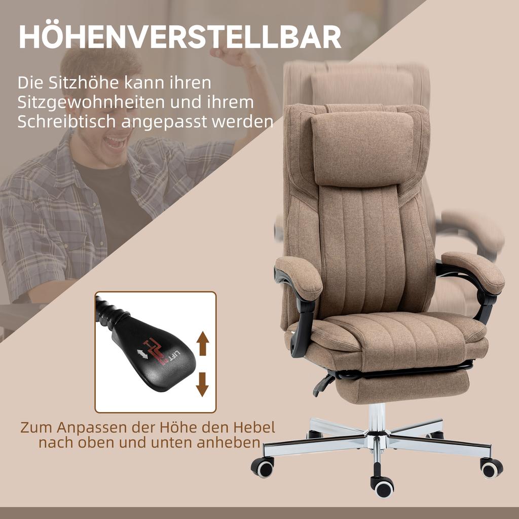 Office Chair with Massage Function, Reclining Backrest, Pull-Out Footrest, Linen Look, 65 X 61 X 118 Cm, Brown