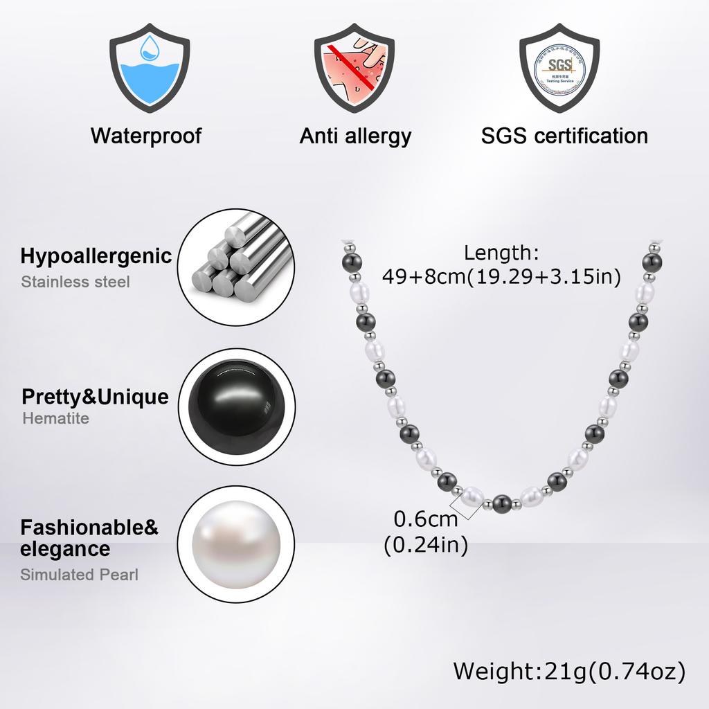 Hip Hop Pearl Necklace for Men Boys,Natural Hematite Stainless Steel Beaded Collars,Simple Jewelry Gifts