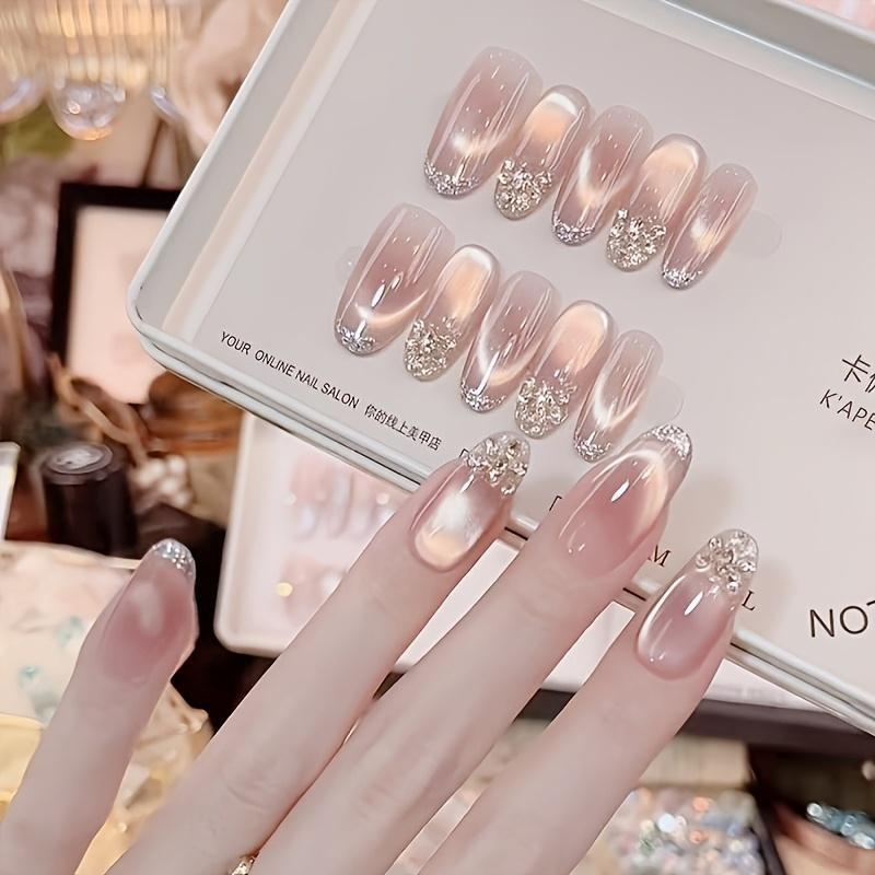 10pcs Nude Pink Gradient Press on Nails - Oval Long with Rhinestone Pearl Decor, Reusable Glitter Fake Nails for Bridal, Party And Daily Glam Looks