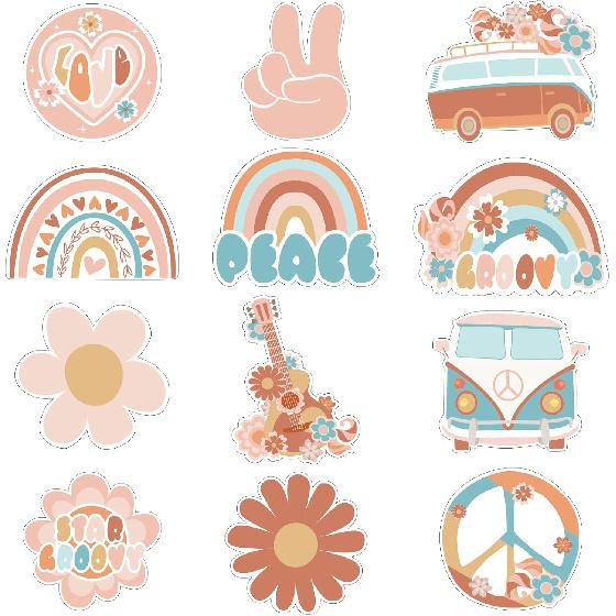 48PCS Groovy Bulletin Board Decorations Hippie Bus Cutouts Boho Retro Hippie Wall Decals Peace Sign Daisy Flower Boho Rainbow Paper-Cuts for Nursery