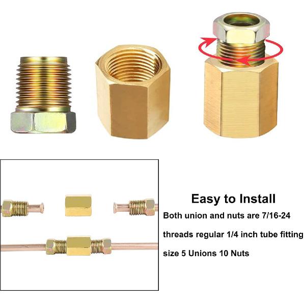 MuHize 1/4 Brake Line Fittings - Upgraded 15 Pieces 7/16 24 Threads Brake Union Fittings Assortment For 1/4” Brake Tube (5 Unions, 10 Nuts)