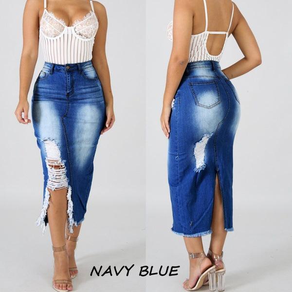 1Wish High Waist Washed Denim Split Hip Skirt