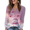 Women's Fashion V-Neck Button-Up T-Shirt With Christmas Print Long-Sleeved Top