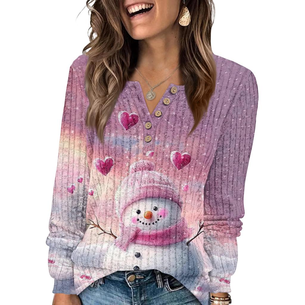 Women's Fashion V-Neck Button-Up T-Shirt With Christmas Print Long-Sleeved Top