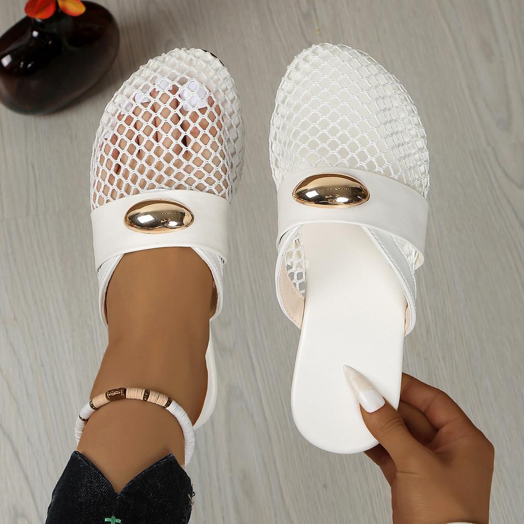 Flat Canvas Slide Sandals With Metal Accents For Adult Casual Summer Wear