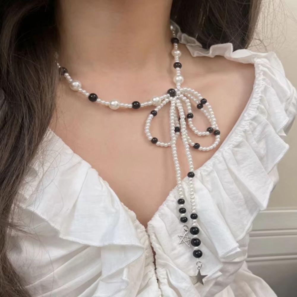 Bowknot Beaded Necklace Alloy Collar Chain Exquisite Neck Jewelry Daily