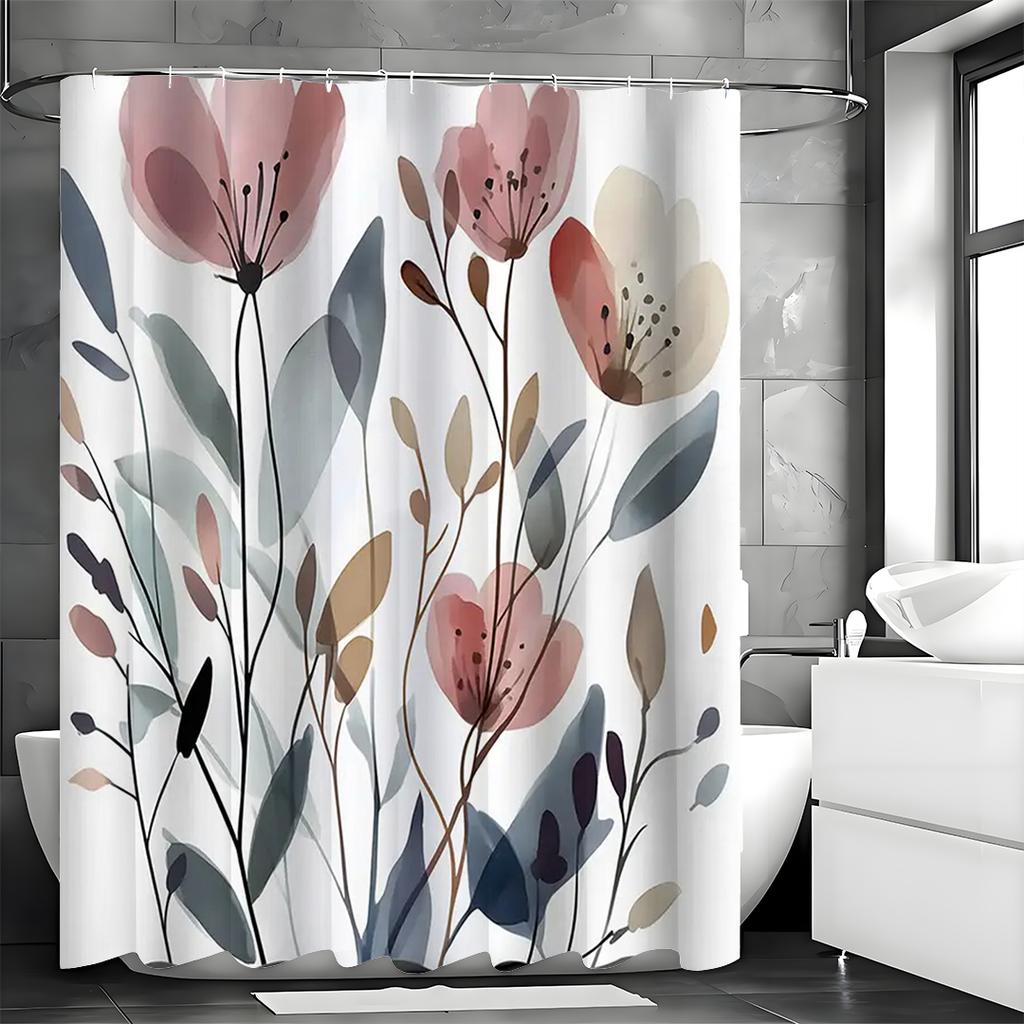 Bohemian Floral Watercolor Wildflower Design Shower Curtain, White, Gray, Pink, Botanical Bathroom Decor, Shower Curtain with Ho