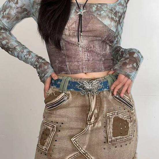 Women Wide Belt Solid Color Design Butterfly Buckle Versatile Belt