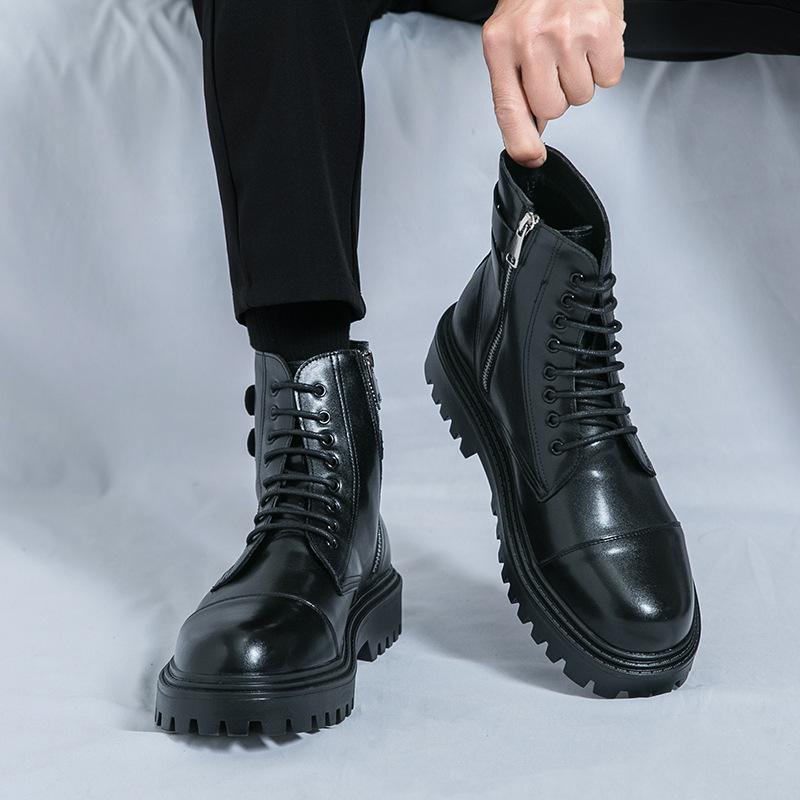 Martin boots spring and autumn breathable British style booster boots black zipper high top leather shoes locomotive boots