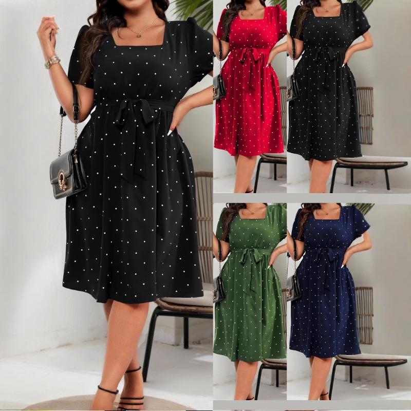 Plus Size Women's Elegant Vintage Polka Dot Waist Tie Square Neck Hem Dresses